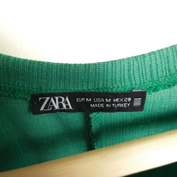 ZARA Flutter Sleeve Belted A Line Midi Dress Womens Medium Kelly Green Textured - Picture 2 of 6